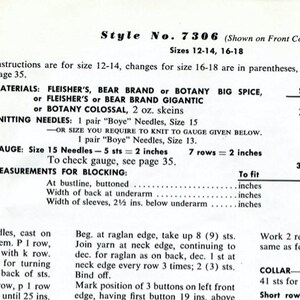 May include: A vintage knitting pattern for a women's coat. The pattern includes instructions for sizes 12-14 and 16-18, yarn requirements, gauge, and measurements for blocking. The pattern also includes a diagram of the coat and instructions for the back, raglan edge, and collar.