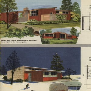 Pu&ograve; includere: Due illustrazioni di una casa moderna in stile met&agrave; secolo con un esterno rosso e grandi finestre. La prima illustrazione mostra la casa dalla strada, mentre la seconda illustrazione mostra la casa dal retro. La casa ha un tetto piatto e un design semplice.