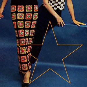 3 Granny Square Crochet Long Skirt Pattern Black Shell and Checkerboard Shell, Instant Digital Download pdf, Retro Womens Clothing, So Cute!