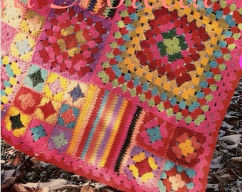 Vintage Granny Square Crochet Blanket Pattern, 70s Pink Sampler Afghan, Instant Digital Download pdf Ebook,  Retro Vibes Home Decor 42"x52"