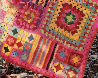 Vintage Granny Square Crochet Blanket Pattern, 70s Pink Sampler Afghan, Instant Digital Download pdf Ebook,  Retro Vibes Home Decor 42"x52"