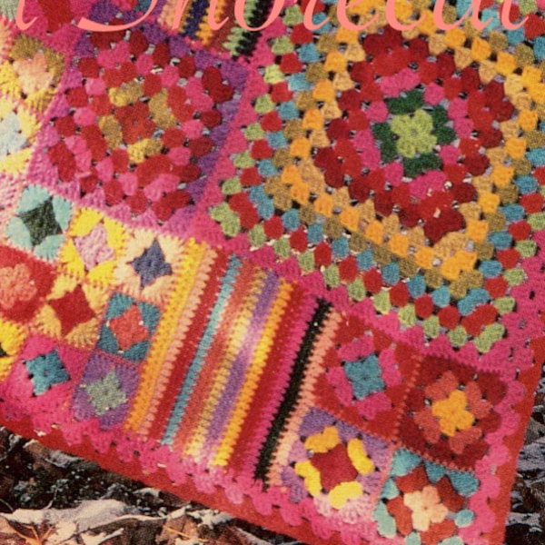 Vintage Granny Square Crochet Blanket Pattern, 70s Pink Sampler Afghan, Instant Digital Download pdf Ebook,  Retro Vibes Home Decor 42"x52"