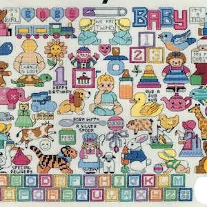 50 patrones de punto de cruz para bebés, descarga digital instantánea en PDF, adorables motivos de niño y niña y bloques del alfabeto.