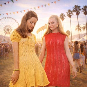 2 Moldes de Vestidos de Crochê Vintage em PDF | Vestido Boho para Festas dos Anos 70 | Vestido de Crochê Sem Mangas e com Mangas Bufantes | Roupa Retrô de Verão