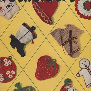 14 Vintage Kitchen Potholder Crochet Patterns eBook, Cowboy Boots Strawberry Frog Sombrero Duck Puppy, Instant Download pdf, 4 Yarn Choices
