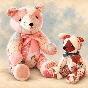 Nähvorlagen für Patchwork-Teddybären im Stil der 1980er Jahre, Stofftiere, sofortiger digitaler PDF-Download zur sofortigen Verwendung
