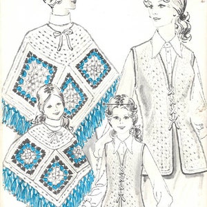 May include: Two crochet vests with blue and white patterns. The vests are shown on models. The vest on the left has a fringe border. The vest on the right has a lace-up front. The pattern numbers are 2041 and 7055.