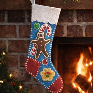 Patron PDF de chaussette de Noël en feutrine motif pain d'épice | Décoration de Noël | Modèle de fête style vintage | Téléchargement instantané