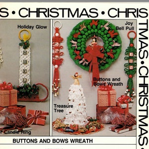 May include: A collection of Christmas decorations, including a wreath with red bows, a white crocheted tree, and several ornaments. The decorations are arranged on a white background with the text "Buttons and Bows Wreath" printed below.