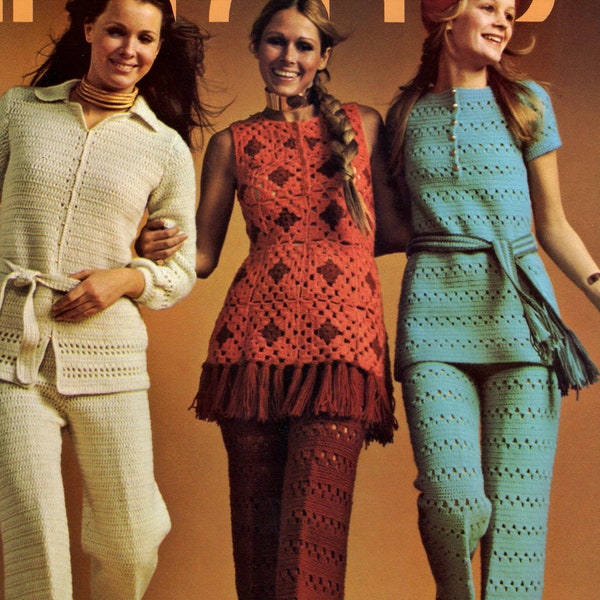 3 Women's Granny Crochet Pants Patterns with Matching Tops - Granny Square Tunic, Safari Suit, and Casual Short Sleeve Top