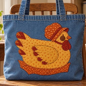 May include: A blue denim tote bag featuring a large fabric applique of a yellow chicken wearing a floral bonnet. The chicken has dark red wing and tail feathers, a red wattle, and a brown eye. The applique is stitched onto the denim fabric.