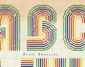 Motif de l'alphabet arc-en-ciel, point de croix et broderie, police rétro ABC, design des années 70, téléchargement immédiat PDF, broderie