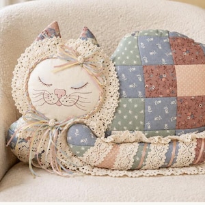 Wzór na poduszkę z kotem w stylu patchworku w formacie PDF, poduszka z kotem w stylu vintage w kolorze kaliko