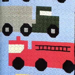 Child's Afghan Granny Square Motif 1970s Crochet Blanket Pattern, 44x66 Car Truck Fire Engine Hot Wheels Boy Girl Decor image 2