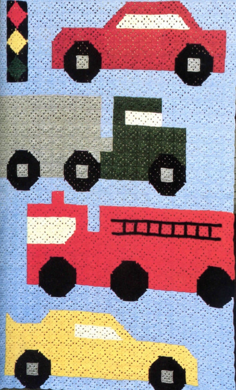 Child's Afghan Granny Square Motif 1970s Crochet Blanket Pattern, 44x66 Car Truck Fire Engine Hot Wheels Boy Girl Decor image 2