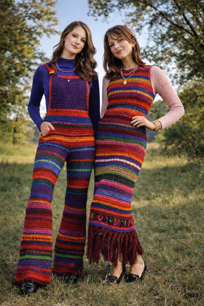 Festival Outfit Bell Bottoms Overalls Long Maxi Skirt & Boho Sweater Vest Crochet Patterns, 70s Retro Jumper, Instant Digital Download pdf image 8