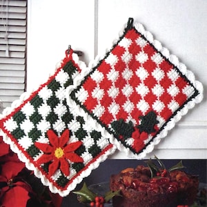2 Crochet Checkered Pot Holder Patterns for Festive Christmas Decor, Digital Download PDF for Immediate Use!  Holly and Poinsettia Hot Mats