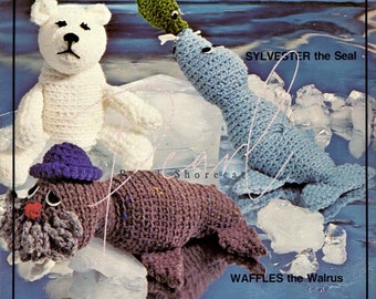 1980s Polar Bear Walrus Seal Plush with Fish Crochet Patterns, 3 Marine Mammals Instant Digital Download pdf Stuffed Animals Soft Toys