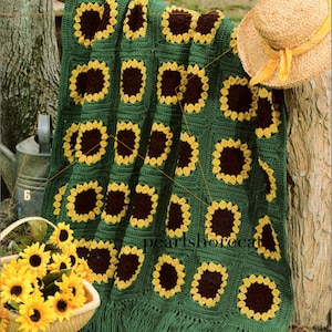 ひまわりのおばあちゃんスクエアクロッシェアフガンパターン、インスタントデジタルダウンロード電子書籍pdf、大きな花のモチーフとエメラルドグリーンの縁取り48x62