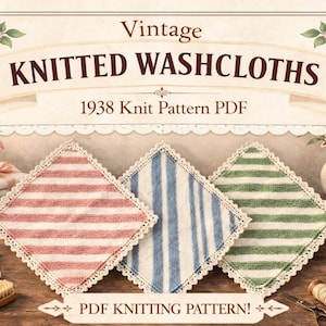 Peut inclure: Des torchons tricotés vintage à rayures rouges, bleues et vertes, avec une bordure en dentelle. L'image présente un PDF de patron de tricot de 1938, ainsi que des articles vintage comme du savon, une brosse et un vase fleuri. Le thème est la décoration intérieure vintage.