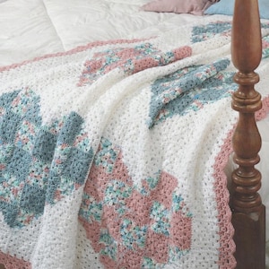 Schema per coperta all'uncinetto Grandma Square Hearts in formato PDF, download immediato, amore retrò per San Valentino