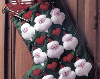 Christmas Santa Hearts Stocking Felt Pattern, Instant Digital Download pdf, Retro Holiday Decor Craft 12" Applique Instructions