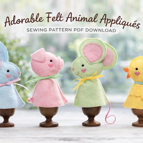 4 Felt Animal Sewing Pattern PDF | Bunny Pig Mouse Duck Felt Figures | Vintage Nursery Craft Pattern