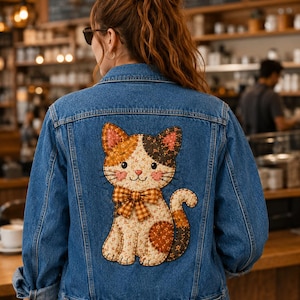May include: A blue denim jacket featuring a large, quilted fabric appliqué on the back. The appliqué depicts a calico cat with floral patterns in shades of orange, brown, and cream, wearing a brown and orange checkered bow tie around its neck.