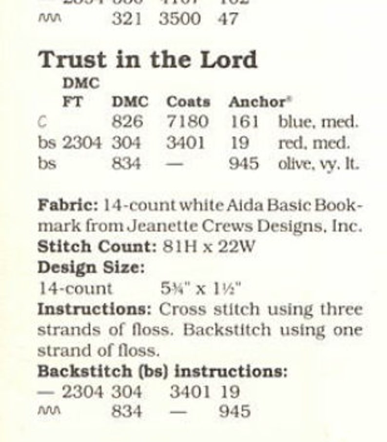 May include: Cross stitch pattern chart for "Trust in the Lord" with DMC, Coats, and Anchor floss colors listed. The pattern is 81 stitches high by 22 stitches wide and uses 14-count white Aida fabric.