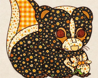 Patrón de aplique de mofeta de los años 70 en PDF / Diseño de colcha vintage con animales del bosque / Patrón de costura de arte popular retro