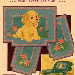 1940s Filet Crochet Puppy Pattern Chair Set Mail Order 2538 Instant Digital Download pdf Dog and Daisies, So Retro!