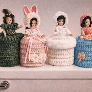 4 Toilet Paper Toppers Crochet Patterns PDF, Digital Download, Bunny, Colonial Lady, Eskimo, & First Nation