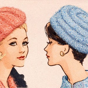 May include: Watercolor illustration of two women wearing knitted hats. One woman wears a pink beret, the other a blue turban-style hat. Both have dark eyelashes, red lips, and gold earrings. The style suggests a vintage fashion theme.