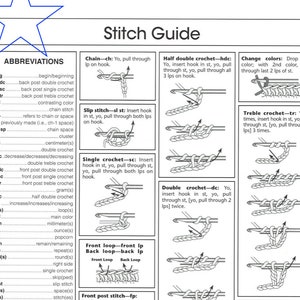 May include: A black and white illustrated guide to crochet stitches with diagrams and abbreviations for each stitch. The stitches include chain, slip stitch, single crochet, half double crochet, double crochet, treble crochet, and front post stitch.