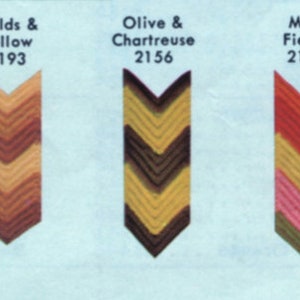 May include: A color palette guide featuring five chevron-shaped designs. Each design displays a gradient of colors with corresponding names and numbers: "Shades of Green 1070", "Golds & Yellow 2193", "Olive & Chartreuse 2156", "Mod Fiesta 2178", and "Fantasy 2179".