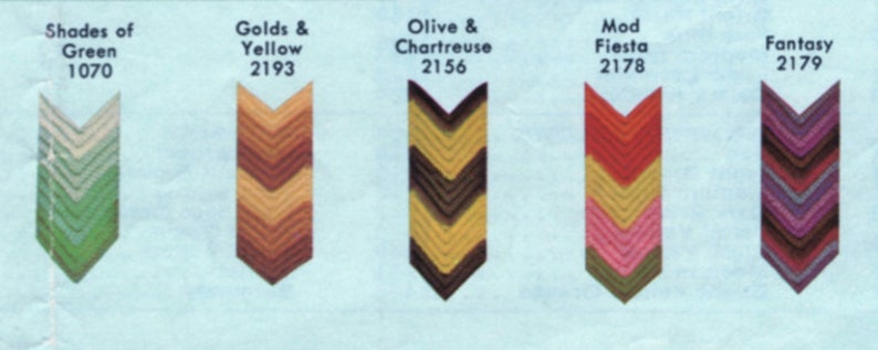May include: A color palette guide featuring five chevron-shaped designs. Each design displays a gradient of colors with corresponding names and numbers: "Shades of Green 1070", "Golds & Yellow 2193", "Olive & Chartreuse 2156", "Mod Fiesta 2178", and "Fantasy 2179".