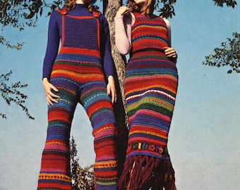 Festival Outfit Bell Bottoms Overalls Long Maxi Skirt & Boho Sweater Vest Crochet Patterns, 70s Retro Jumper, Instant Digital Download pdf
