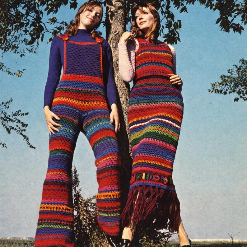 Festival Outfit Bell Bottoms Overalls Long Maxi Skirt & Boho Sweater Vest Crochet Patterns, 70s Retro Jumper, Instant Digital Download pdf image 1