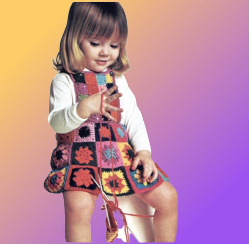 Toddler Granny Square Dress Crocheted Pattern, Instant Digital Download pdf, Vintage Girls Jumper, Retro Playtime Vibes image 1