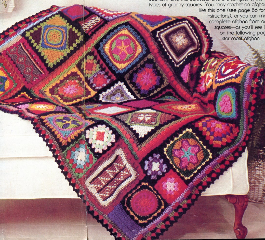 その他 USA Vintage Granny Blanket Granny Square Sampler Blanket Pattern Vintage 1970s Crochet Hippy