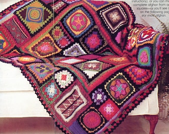 Granny Square Sampler Blanket Pattern  Vintage 1970s Crochet Hippy Retro Motif PDF Instant Digital Download Afghan Throw