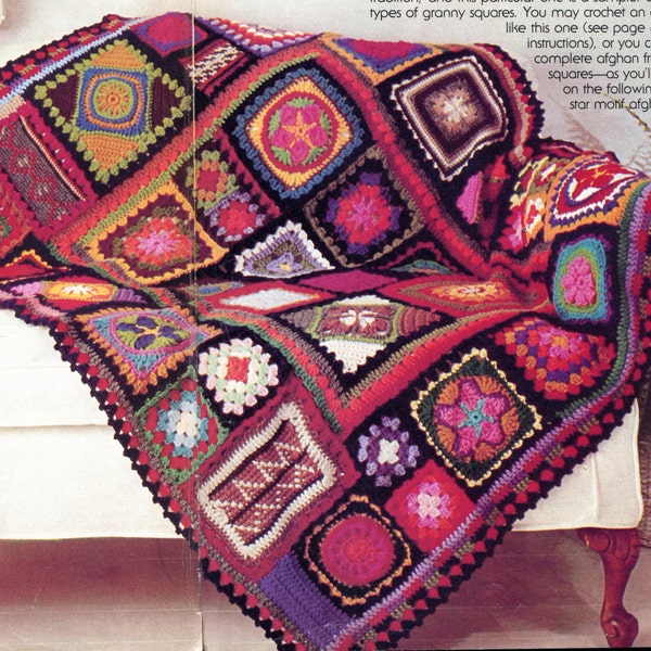 Granny Square Sampler Blanket Pattern  Vintage 1970s Crochet Hippy Retro Motif PDF Instant Digital Download Afghan Throw