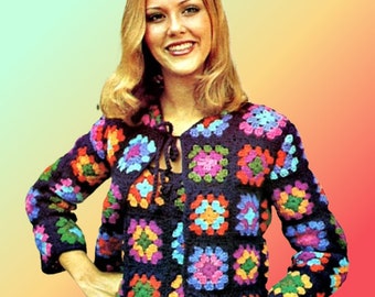 1970s Vintage Granny Square Sweater Set Crochet Pattern Retro Motif, Instant Digital Download pdf, Cardigan Jacket With Matching Tank Top