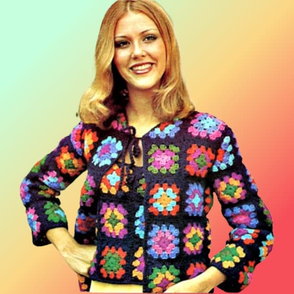 1970s Vintage Granny Square Sweater Set Crochet Pattern Retro Motif, Instant Digital Download pdf, Cardigan Jacket With Matching Tank Top