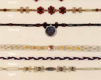 May include: A collection of handmade macrame bracelets in various styles. The bracelets feature intricate knotwork, beads, and decorative elements. Colors include brown, red, blue, and gold. Each bracelet has a unique design, with names like "Pibine" and "Jeucutie" displayed.
