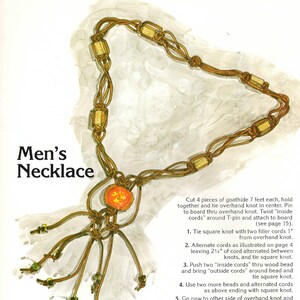 May include: A diagram showing how to make a leather necklace with wooden beads. The instructions include cutting four pieces of leather, tying an overhand knot, and alternating square knots with beads.