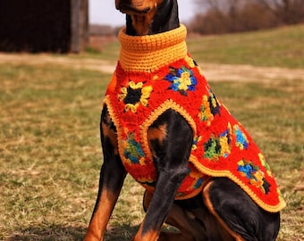 Granny Square Medium to Large Dog Sweater Crochet Pattern, Instant Digital Download PDF For Immediate Use,  1970s Retro