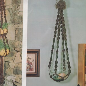 May include: A macrame plant hanger with a clear glass bowl. The hanger is made of brown and green rope, and the bowl is filled with water and decorative elements. The hanger is suspended from the ceiling.
