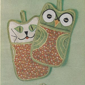 2 Vintage 1960s Cat and Owl Hot Oven Mitts and Pot Holder Sewing Patterns PDF,  Instant Digital Download - Retro Vibes!