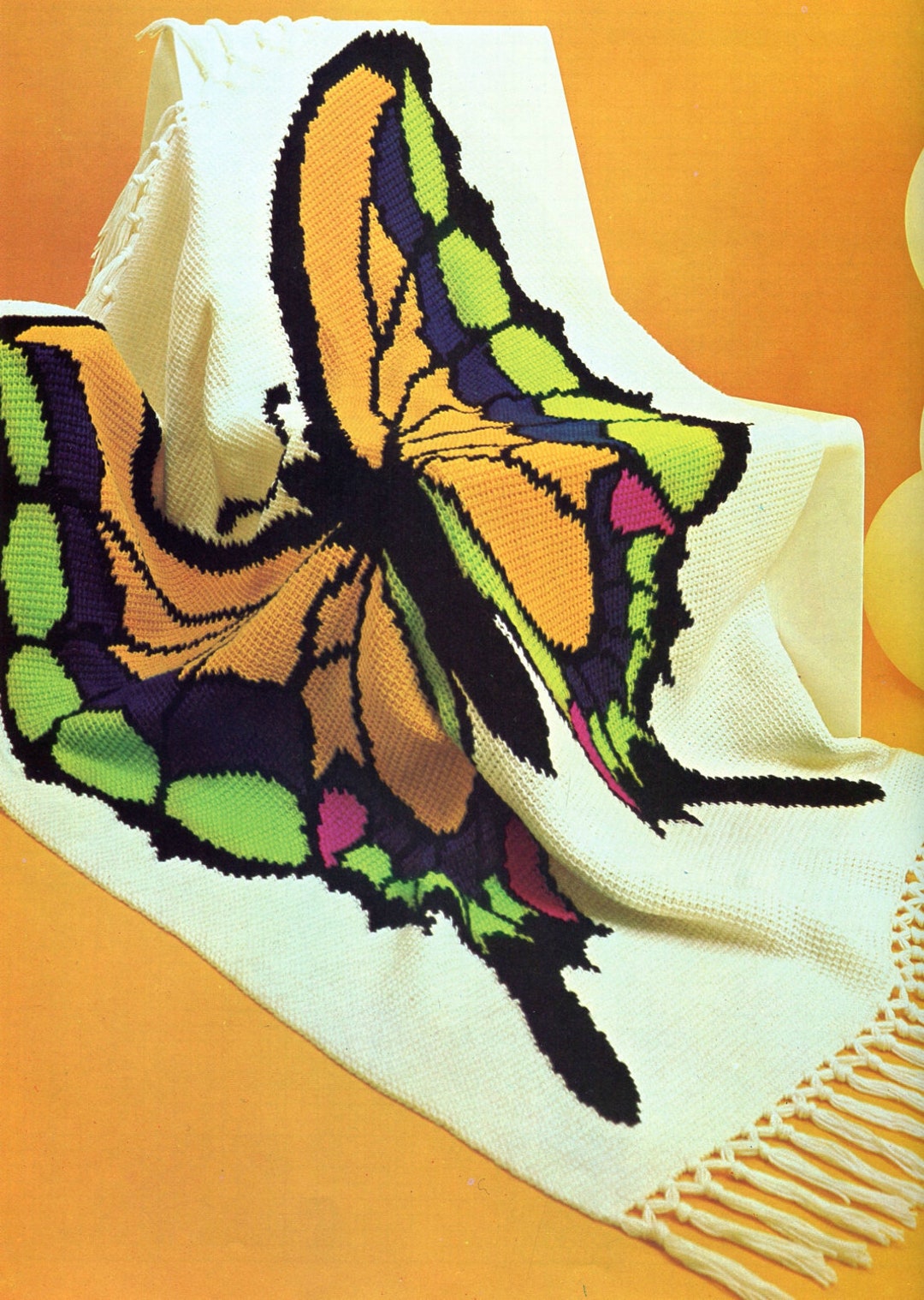 70s Butterfly Crochet Blanket Pattern Pdf in Basic Afghan Tunisian Stitch, Instant Download for Funky Retro Vibes